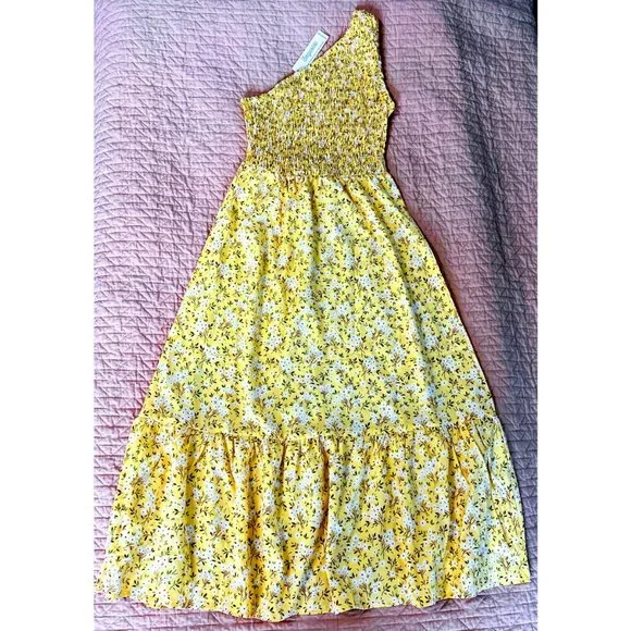 SEXYASASII Yellow Floral Smocked One-Shoulder Boho Midi Dress Size Small NWT - Picture 3 of 6